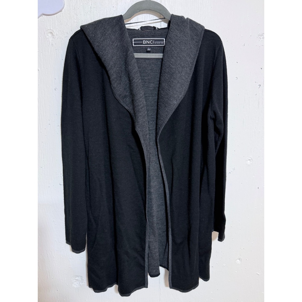 BNCI by Blanc Noir Black Wool Blend Hooded Open Front Cardigan Sweater Large